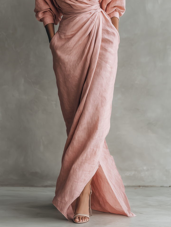 Maxi Minimalistische V-hals Jurk in Roze Linnenmix voor Dames
