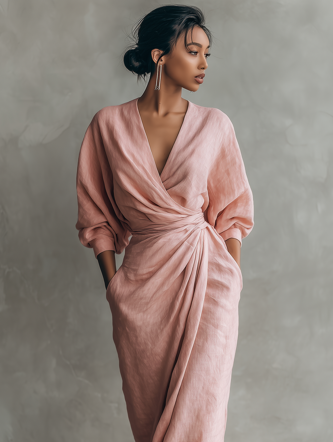 Maxi Minimalistische V-hals Jurk in Roze Linnenmix voor Dames