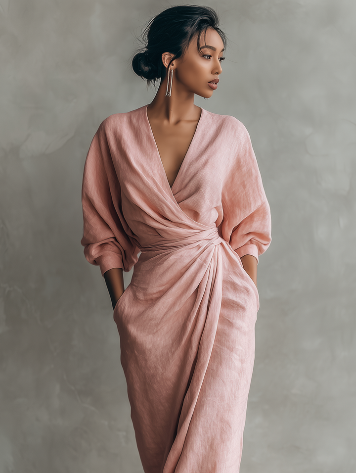Maxi Minimalistische V-hals Jurk in Roze Linnenmix voor Dames