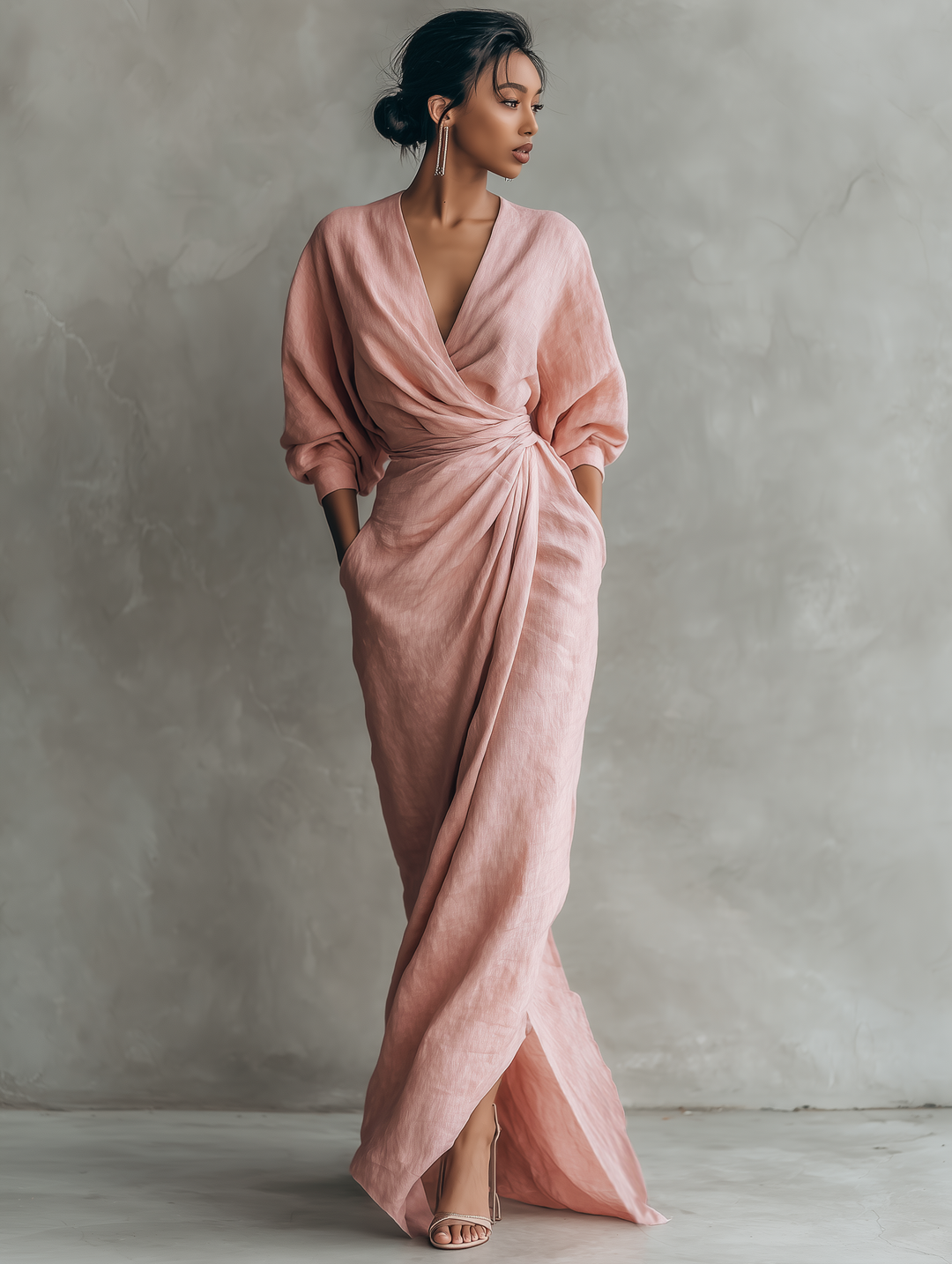 Maxi Minimalistische V-hals Jurk in Roze Linnenmix voor Dames