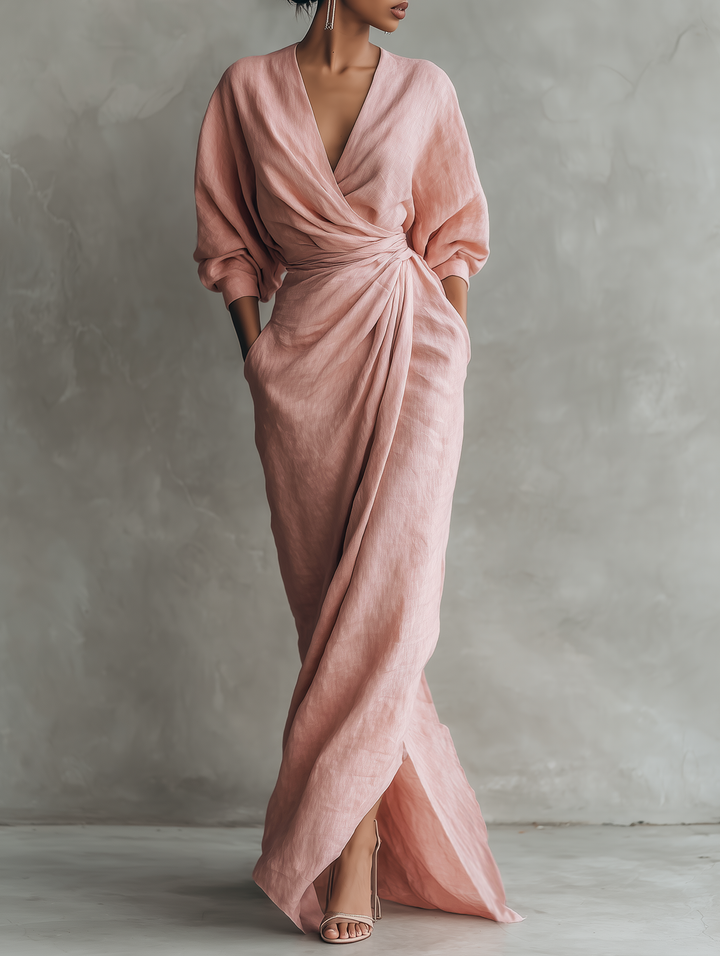Maxi Minimalistische V-hals Jurk in Roze Linnenmix voor Dames