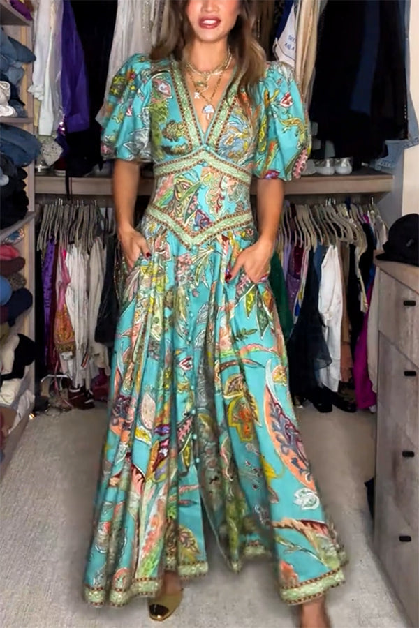 Maxi jurk Airy met pofmouwen en V-hals