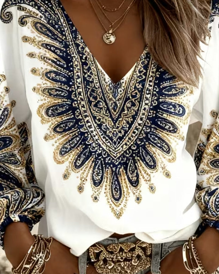 Top Met V-Hals en Retro Print