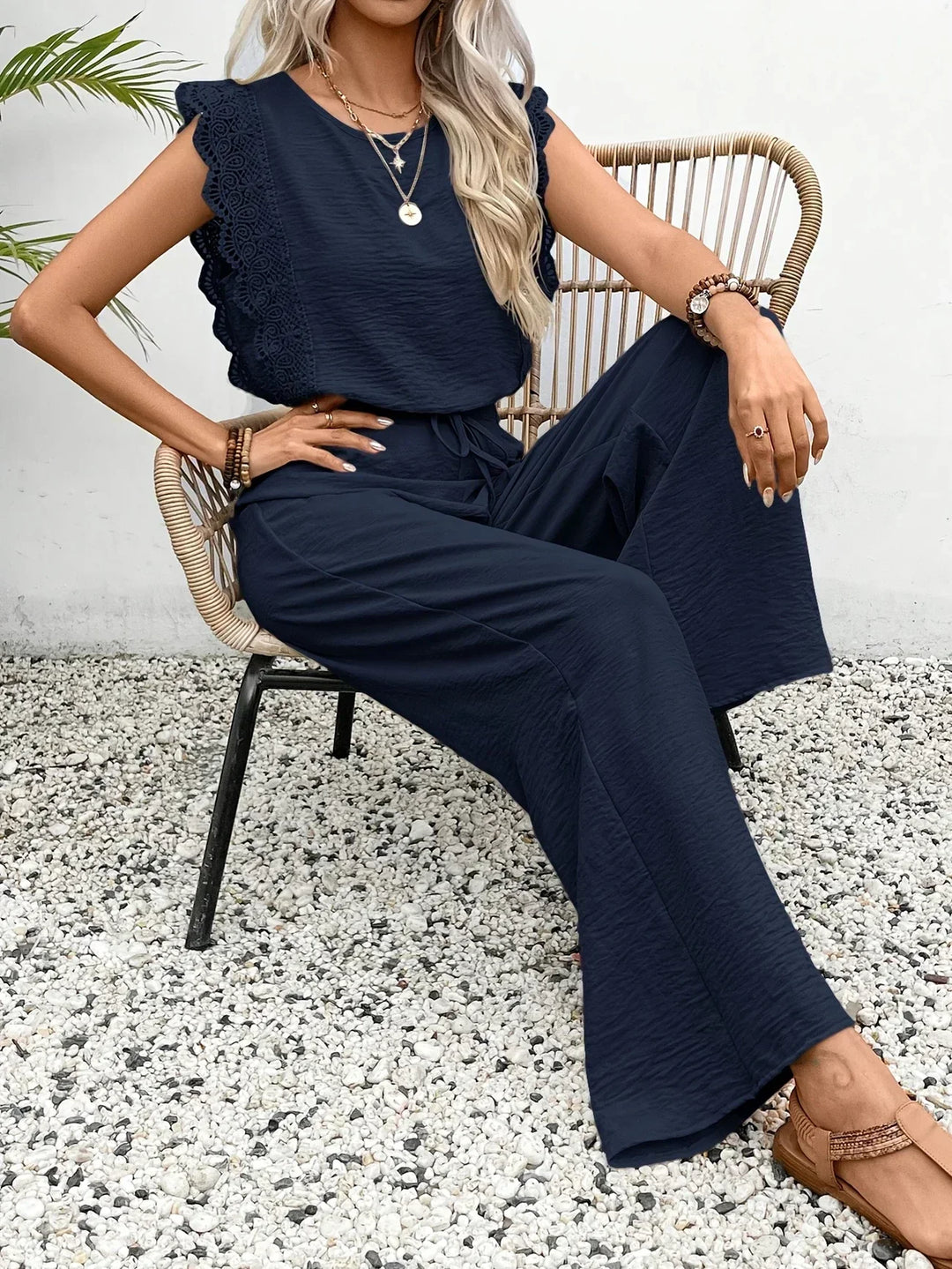 Zella™ Elegante Twee-Delige Set | Kantafwerking Top en Wijde Broek