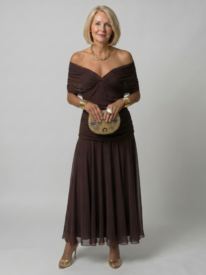 Calen | Off Shoulder Flow Midi Jurk
