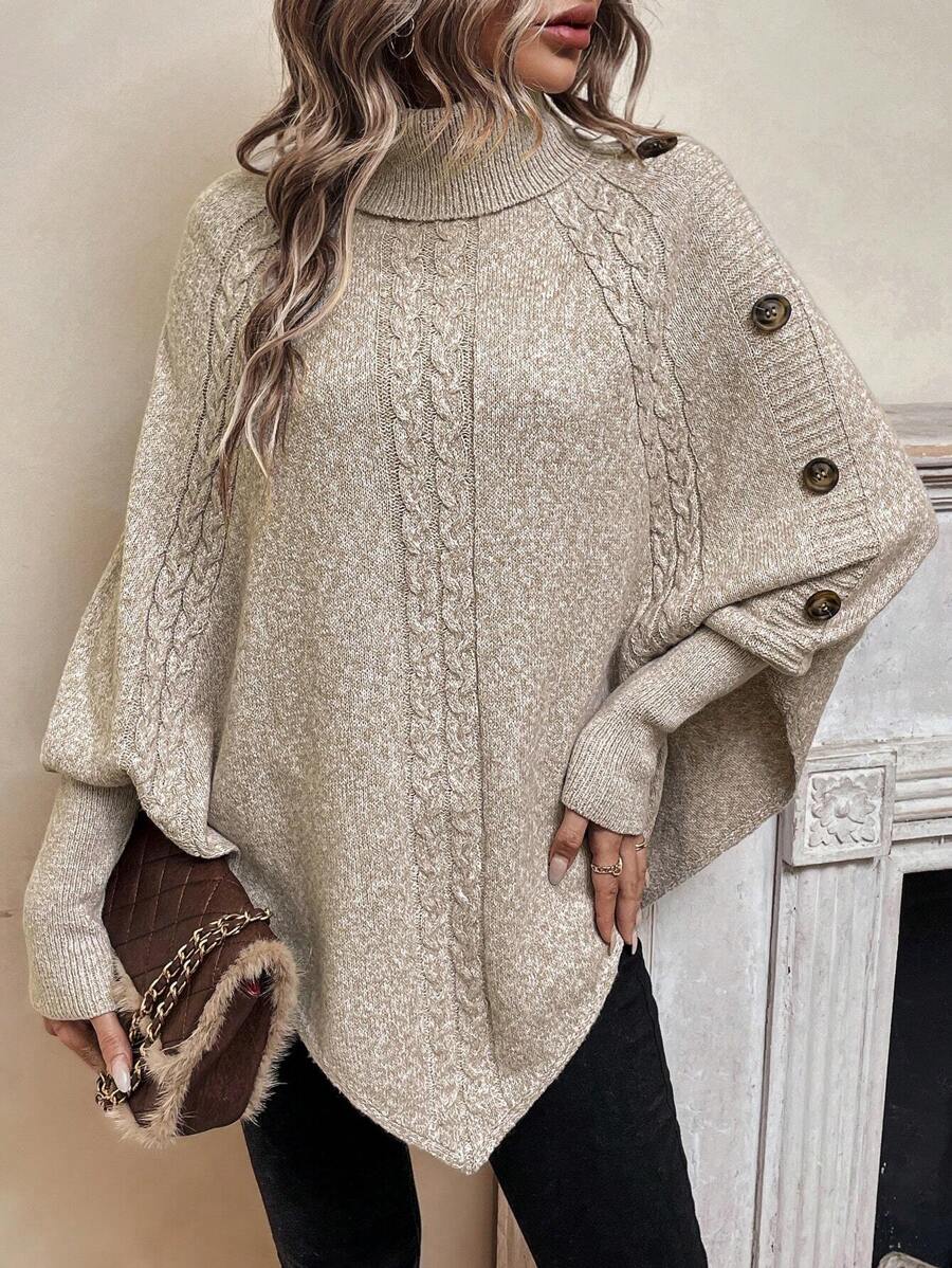 Alexis | Hoge Hals Batwing Poncho Trui, Asymmetrische Kabelgebreide Pullover