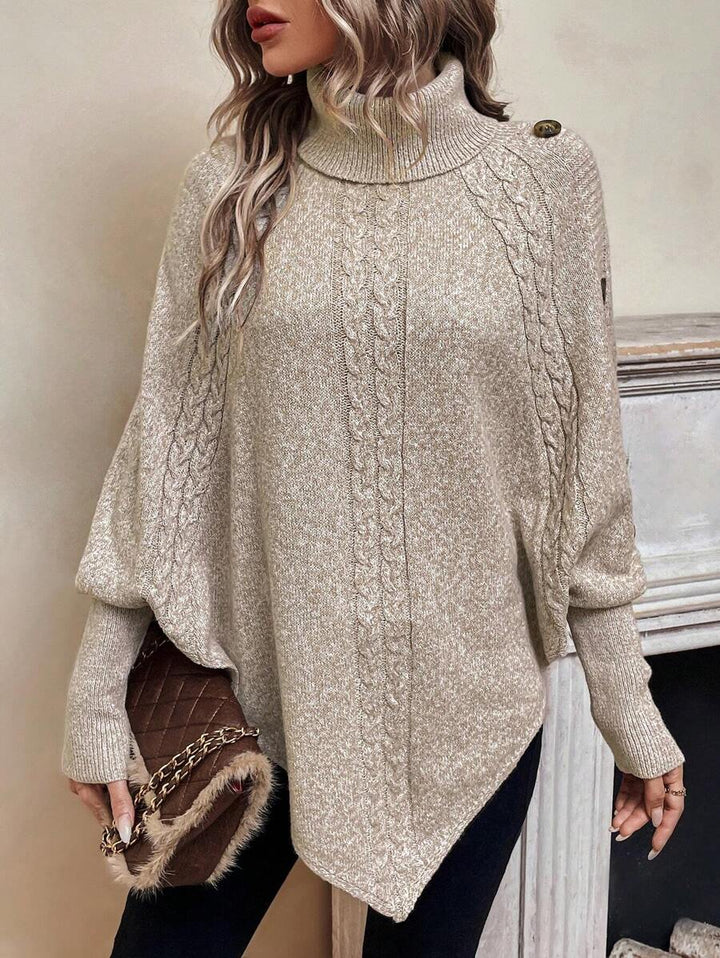 Alexis | Hoge Hals Batwing Poncho Trui, Asymmetrische Kabelgebreide Pullover