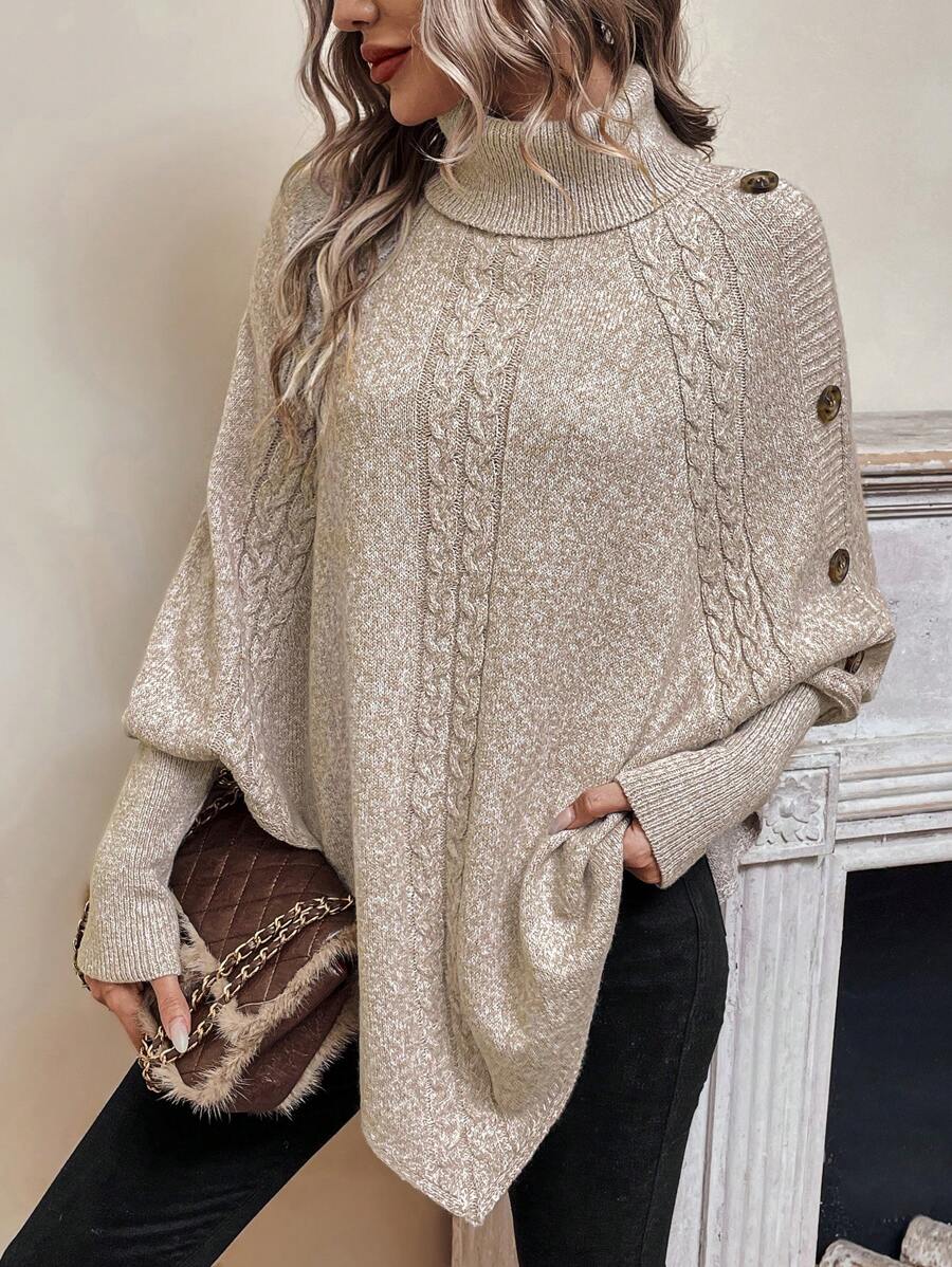 Alexis | Hoge Hals Batwing Poncho Trui, Asymmetrische Kabelgebreide Pullover