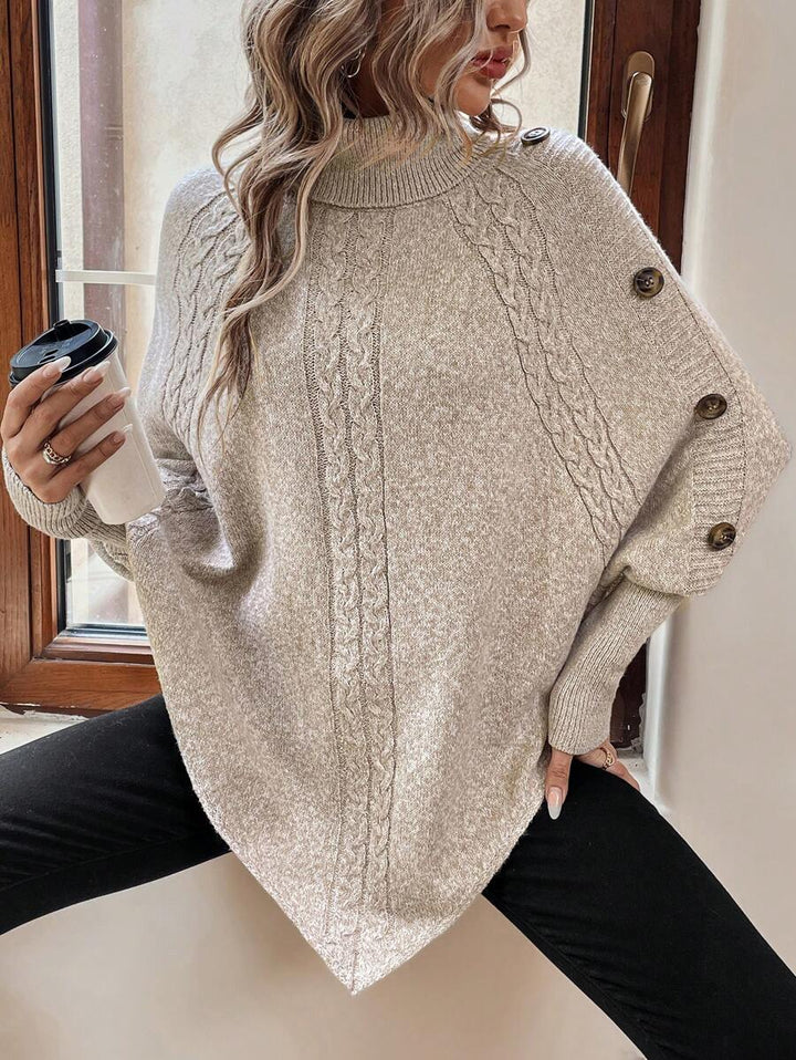 Alexis | Hoge Hals Batwing Poncho Trui, Asymmetrische Kabelgebreide Pullover