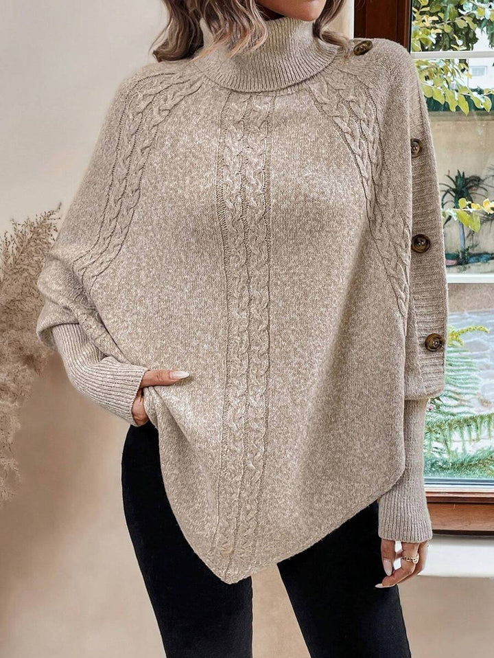 Alexis | Hoge Hals Batwing Poncho Trui, Asymmetrische Kabelgebreide Pullover