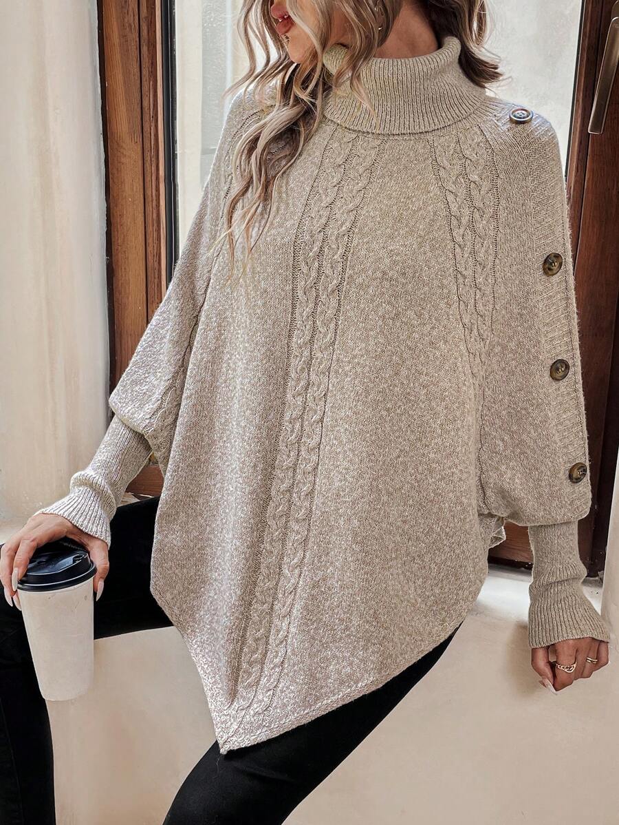 Alexis | Hoge Hals Batwing Poncho Trui, Asymmetrische Kabelgebreide Pullover