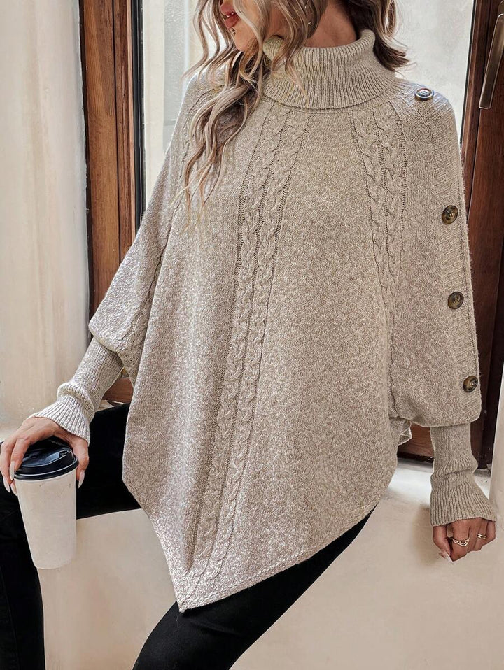 Alexis | Hoge Hals Batwing Poncho Trui, Asymmetrische Kabelgebreide Pullover