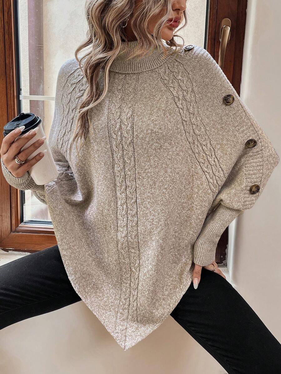 Alexis | Hoge Hals Batwing Poncho Trui, Asymmetrische Kabelgebreide Pullover