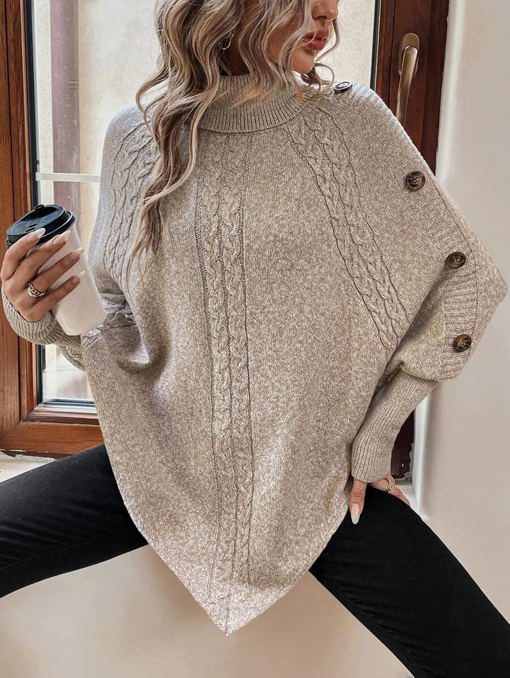 Alexis | Hoge Hals Batwing Poncho Trui, Asymmetrische Kabelgebreide Pullover