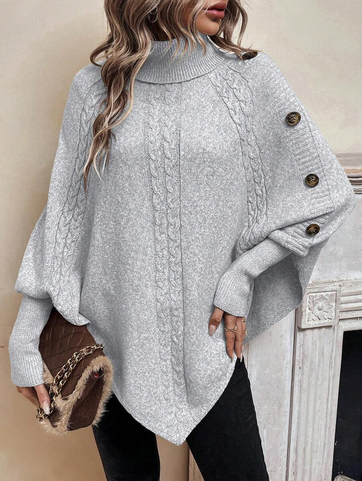 Alexis | Hoge Hals Batwing Poncho Trui, Asymmetrische Kabelgebreide Pullover