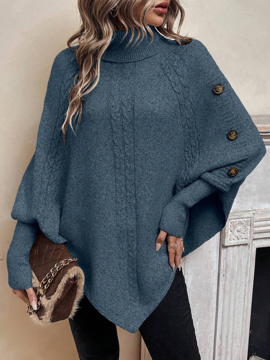 Alexis | Hoge Hals Batwing Poncho Trui, Asymmetrische Kabelgebreide Pullover