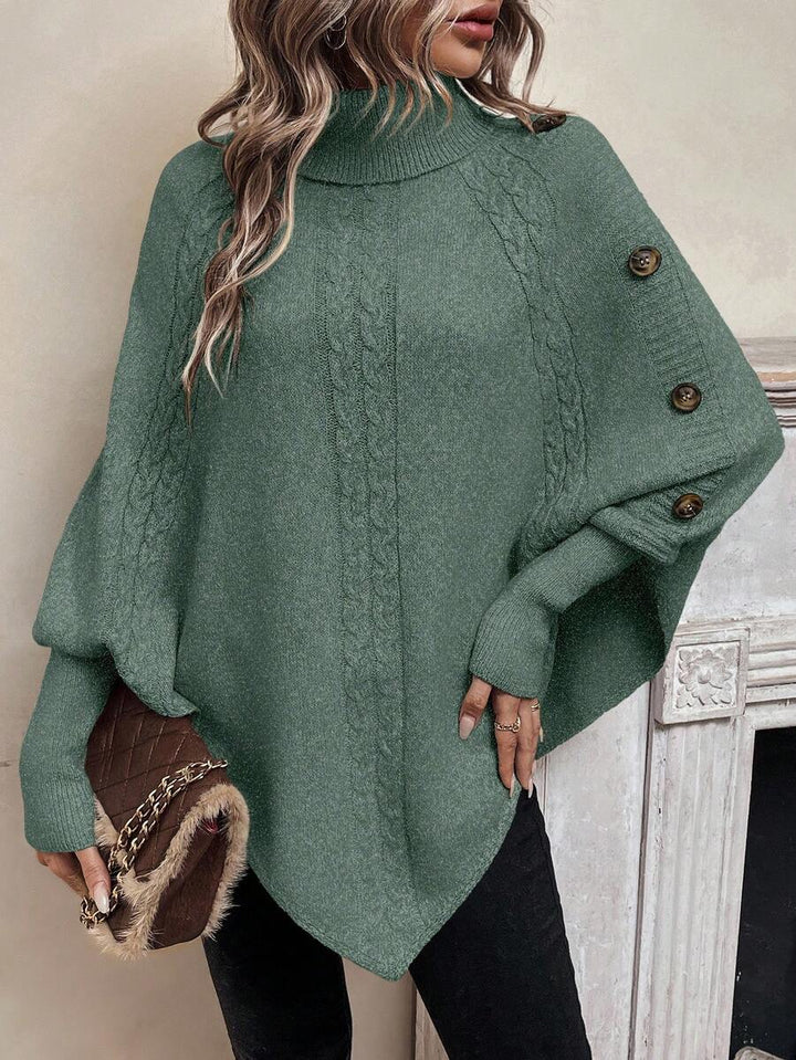 Alexis | Hoge Hals Batwing Poncho Trui, Asymmetrische Kabelgebreide Pullover
