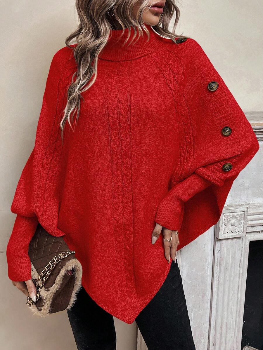 Alexis | Hoge Hals Batwing Poncho Trui, Asymmetrische Kabelgebreide Pullover