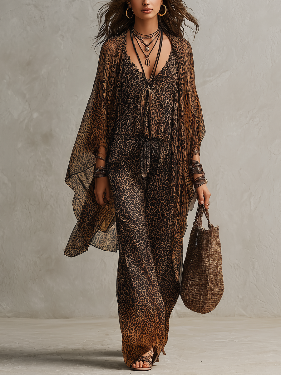Bohemian Gradient Luipaardprint Vloeiende Robe Drie-delige Set