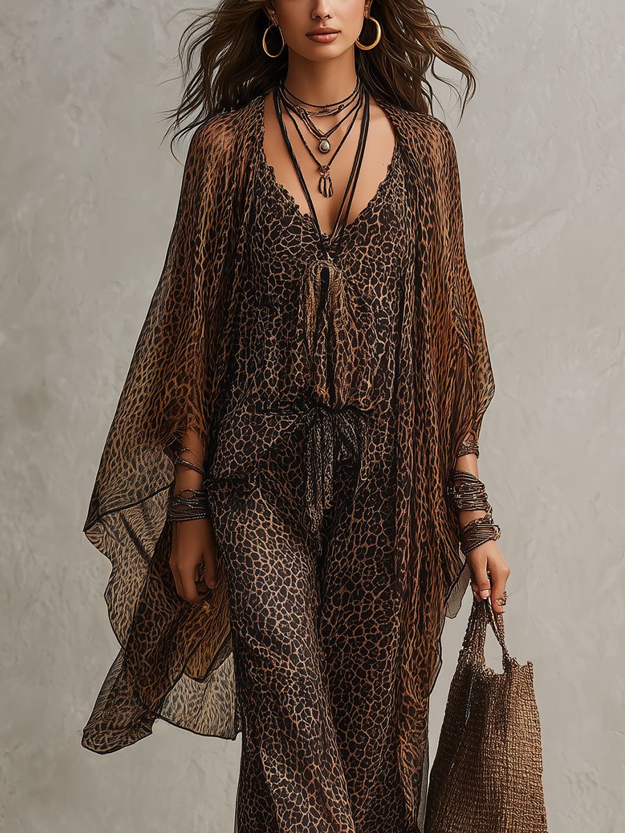 Bohemian Gradient Luipaardprint Vloeiende Robe Drie-delige Set
