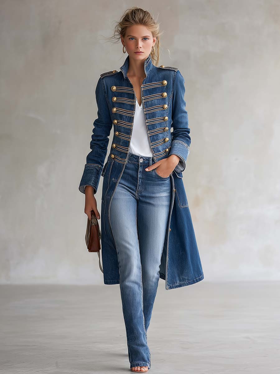 Hortense | Lange, getailleerde denimjas in militaire stijl met gouden knopen