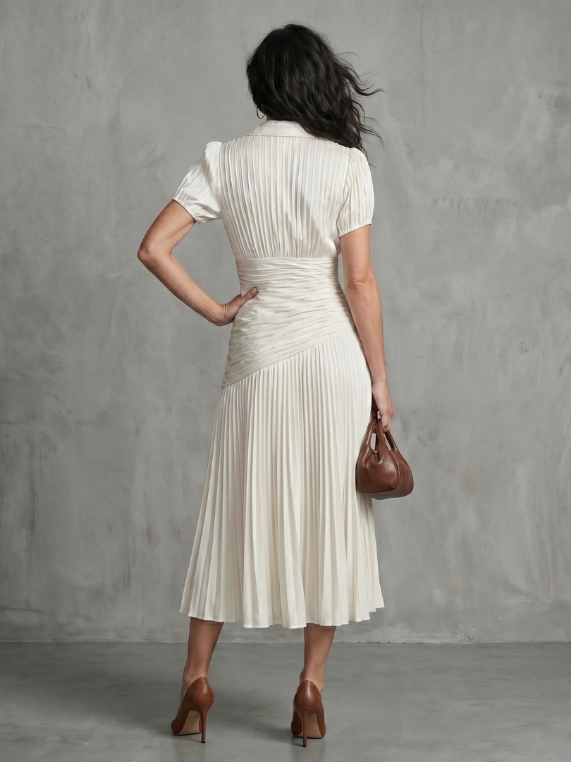 Theodora | Plissé Taille Stripe Midi Jurk
