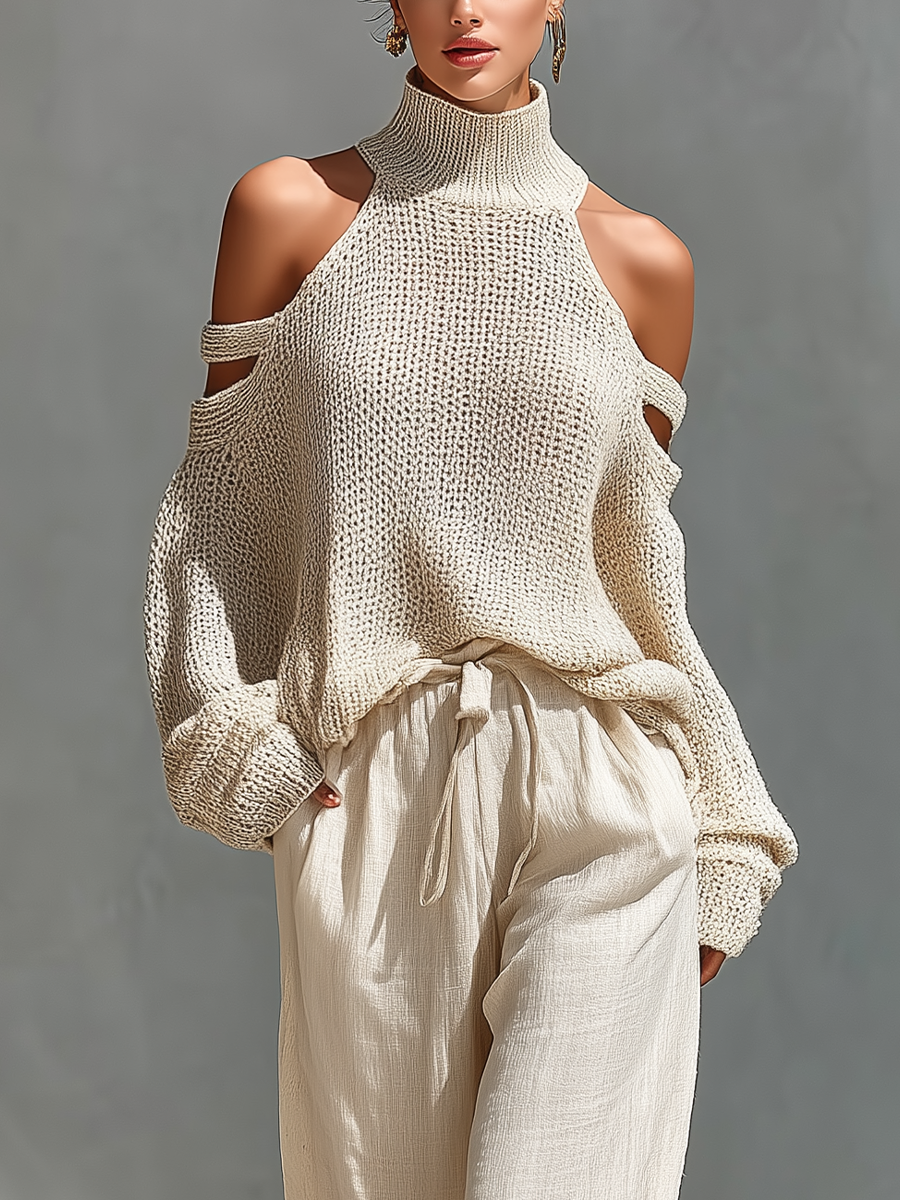 Beige Trui met Col en Ontblote Schouders voor Dames & Wijde Broeken
