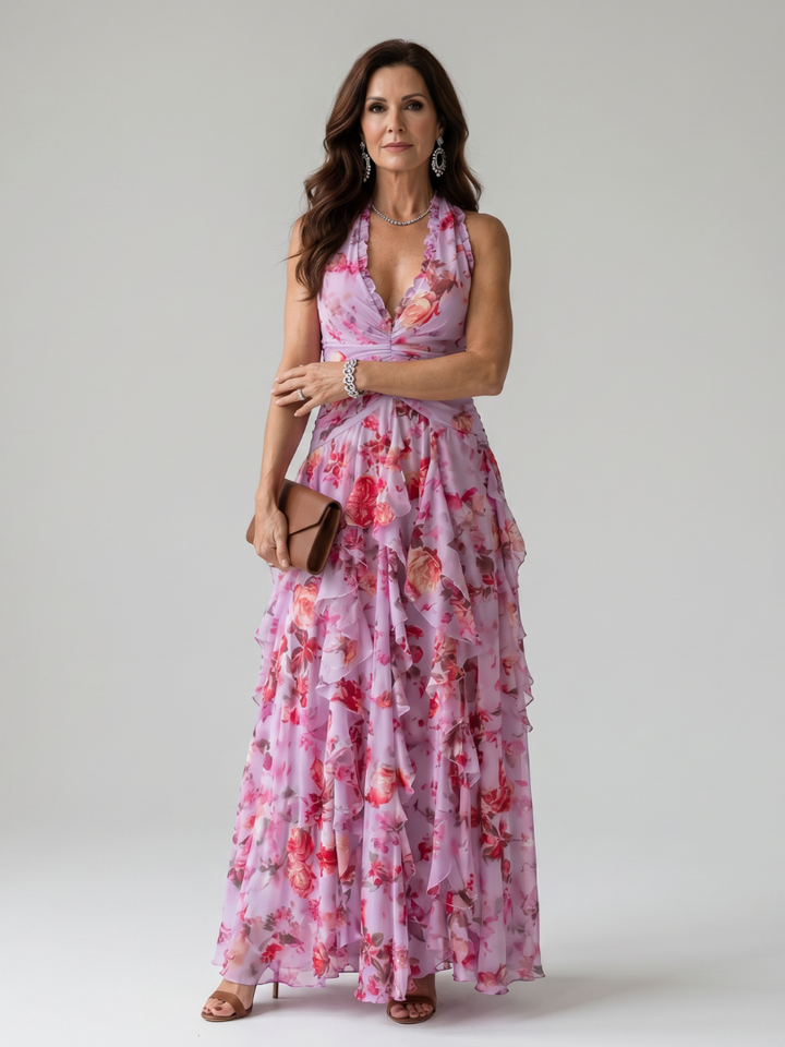 Nori | Halter Nek Rimpel Lijfje Bloemen Maxi Jurk