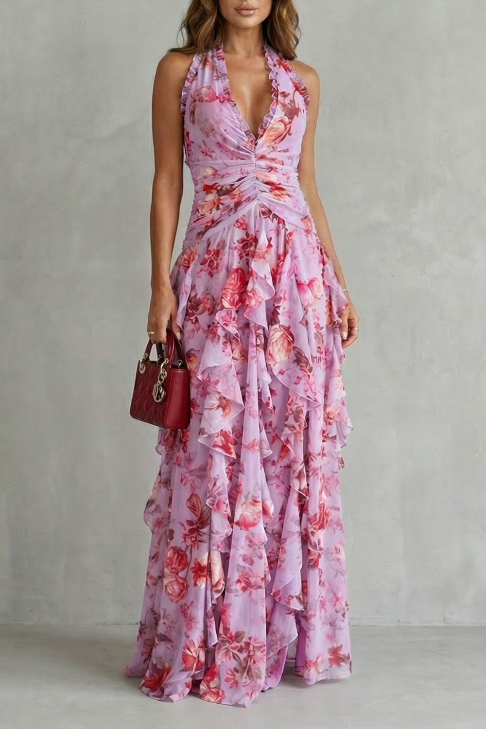Belladina | Romantica Cascata di Rose Lange jurk met Amerikaanse halslijn