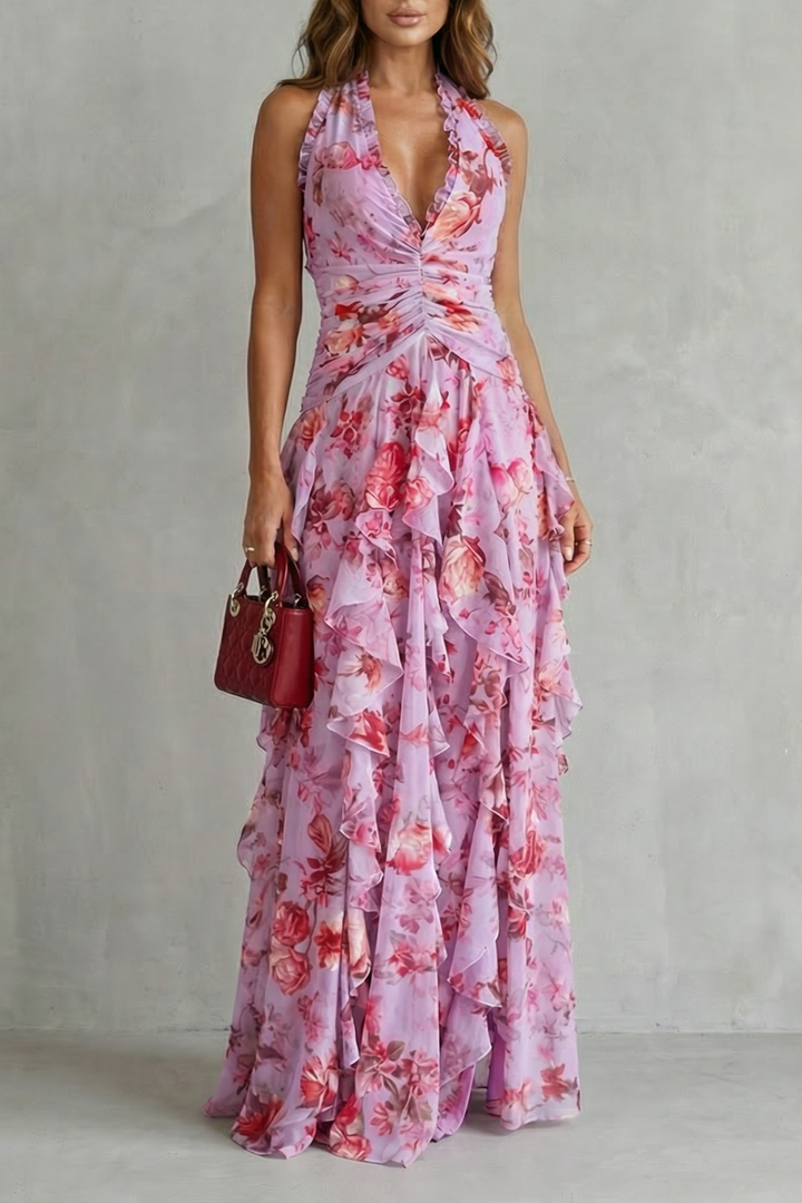 Belladina | Romantica Cascata di Rose Lange jurk met Amerikaanse halslijn