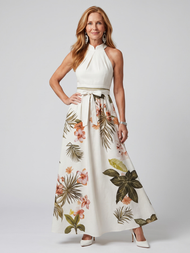 Meadow | Gedrapeerde Halter Botanische Paneel Maxi Jurk