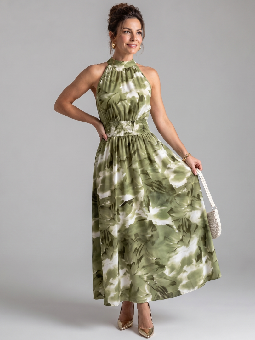 Olivia | Geplooide Taille Abstract Print Midi Jurk