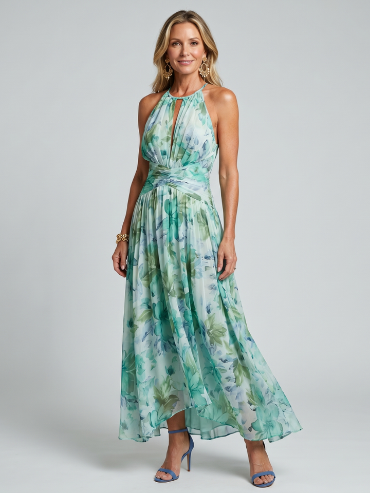 Portia | Geplooide Halter Zachte Bloemenpatroon Midi Jurk