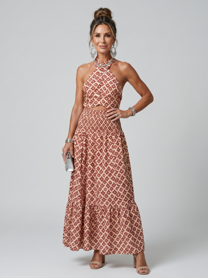 Amira | Cross Halter Geometrische Print Cutout Midi Jurk