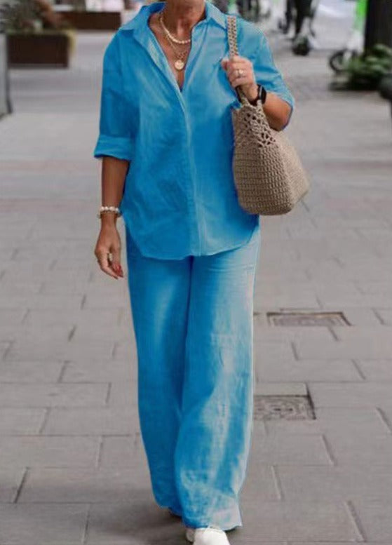 Denice™ Elegante Casual Twee-delige Set | Ontspannen Knopshirt en Wijde Broek