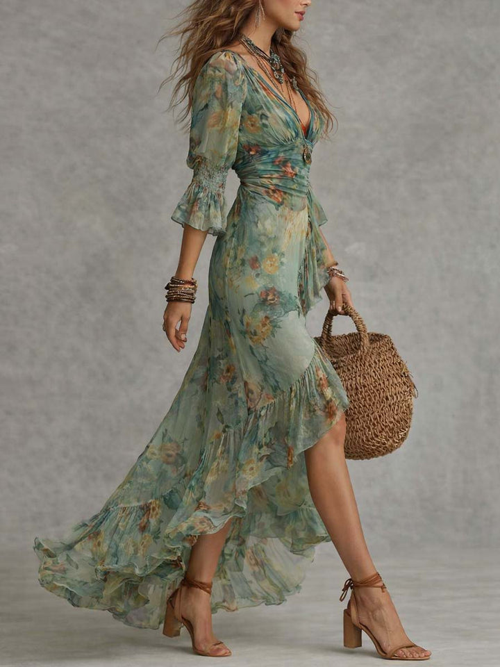 Aurora - lange bloemen boho jurk met romantische asymmetrische zoom