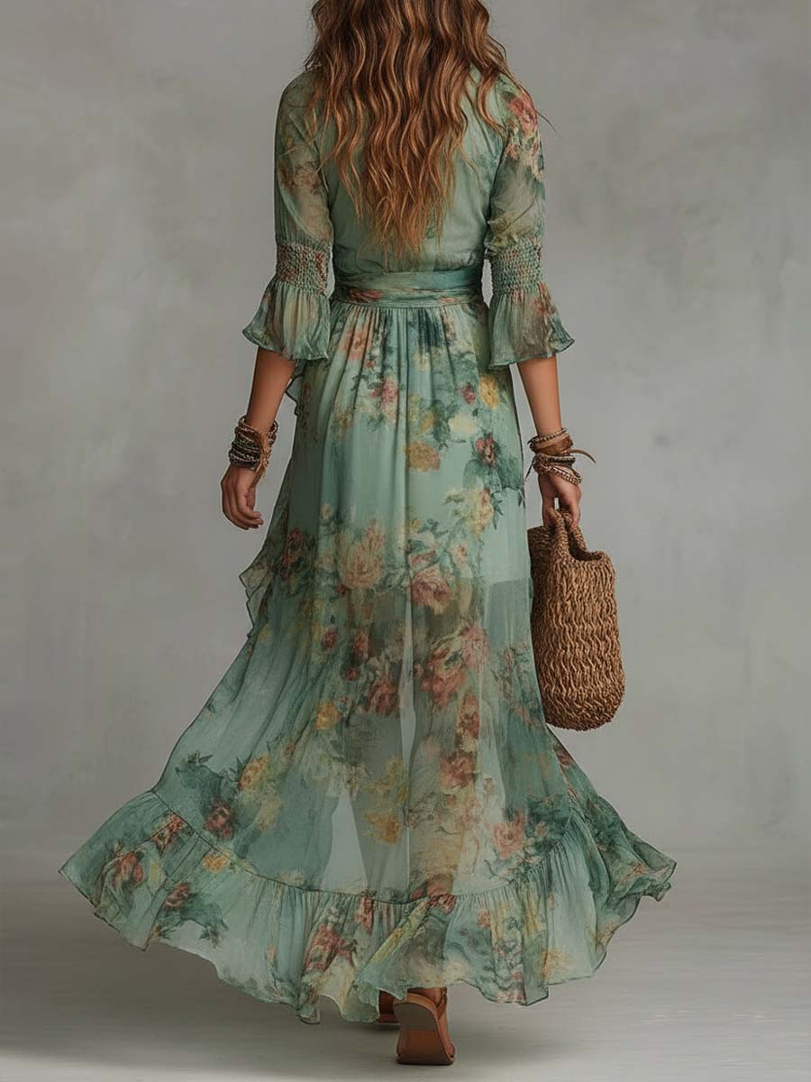 Aurora - lange bloemen boho jurk met romantische asymmetrische zoom