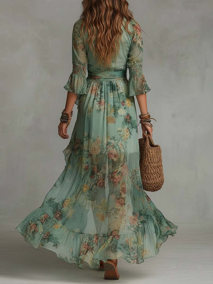 Aurora - lange bloemen boho jurk met romantische asymmetrische zoom