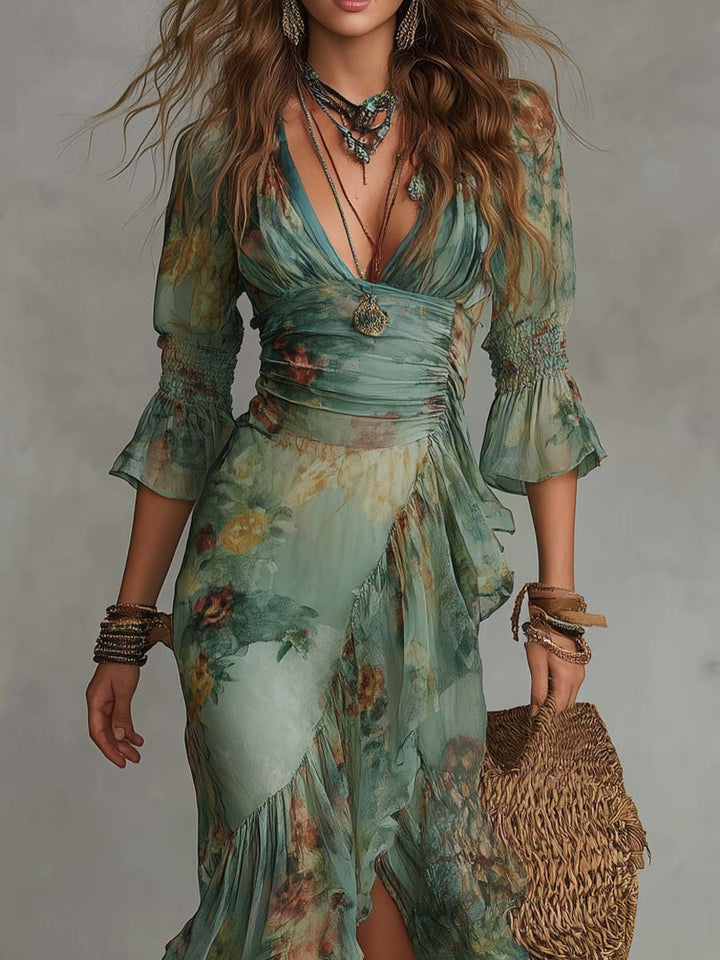 Aurora - lange bloemen boho jurk met romantische asymmetrische zoom