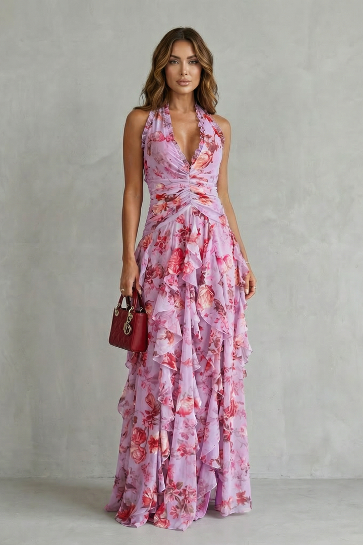 Belladina | Romantica Cascata di Rose Lange jurk met Amerikaanse halslijn