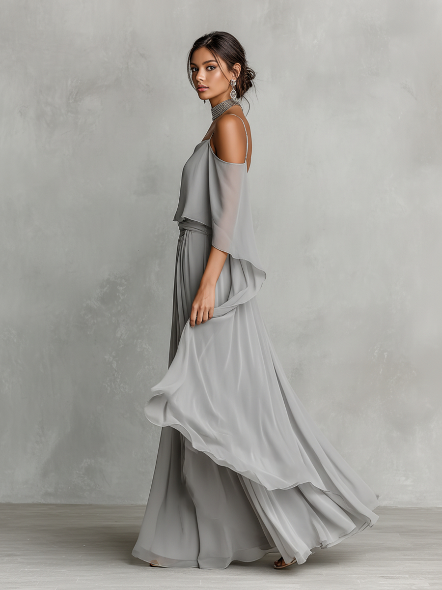 Grijze Ademend Chiffon Set voor Vrouwen met Off-Shoulder Detail & Uitlopende Silhouet, Luxe-Vrouwelijke Hedendaagse Stijl