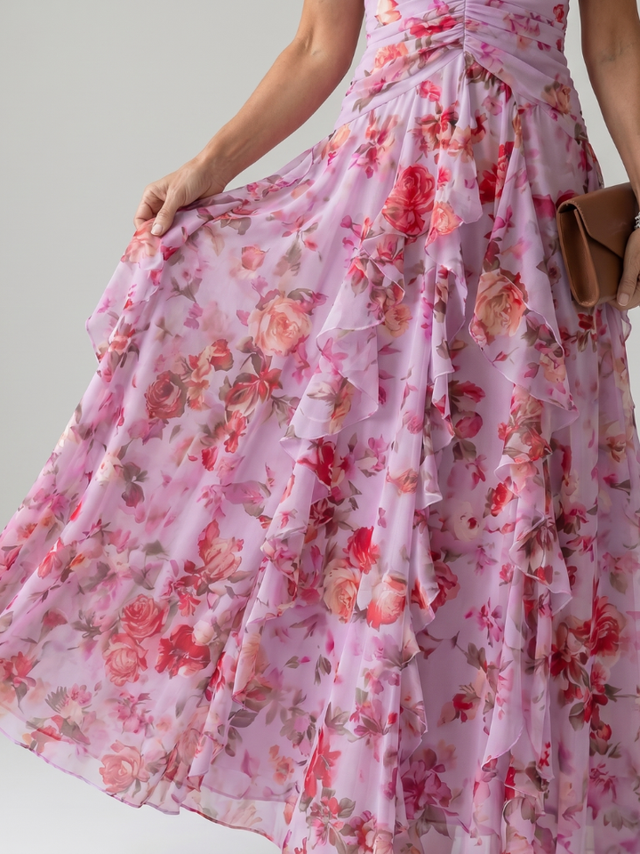 Nori | Halter Neck Gerimpelde Bodice Bloemen Maxi Jurk
