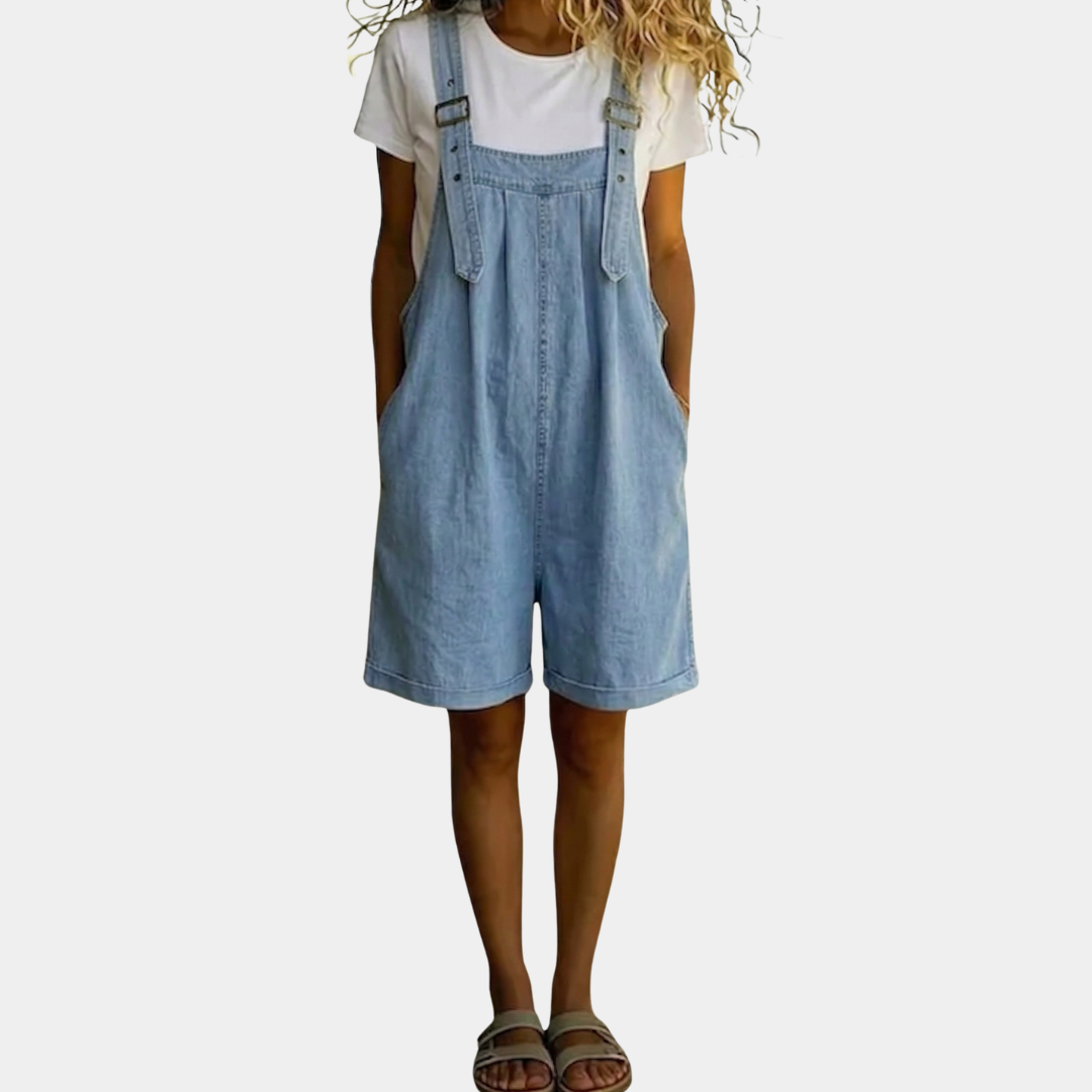 Isabel - Korte denim jumpsuit met een zachte katoenlook en vintage wasbeurt Lichtblauw