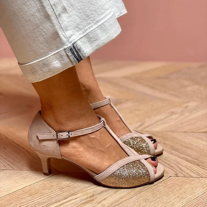 GLITTER SANDALEN MET LAGE HAK