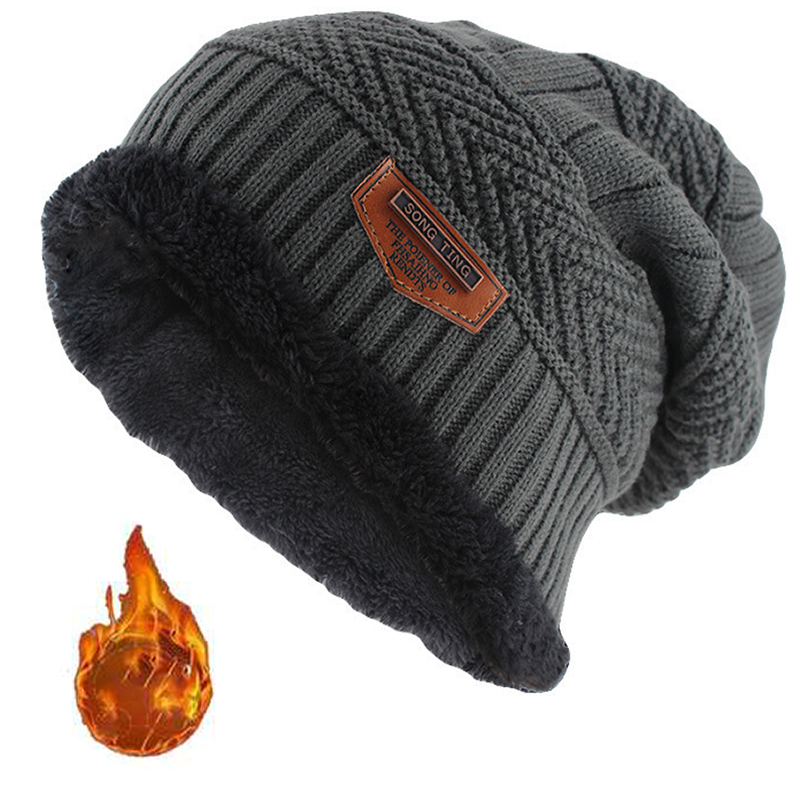 Leren gebreide muts voor mannen, winter, met label, slouchy stijl, gevoerd met dikke fleece