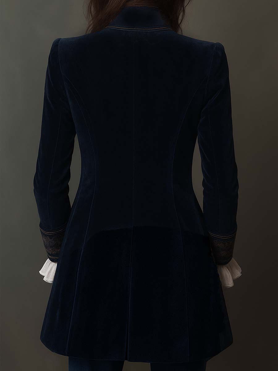 Athénaïs | Lange Geborduurde Vintage Jas Marineblauw