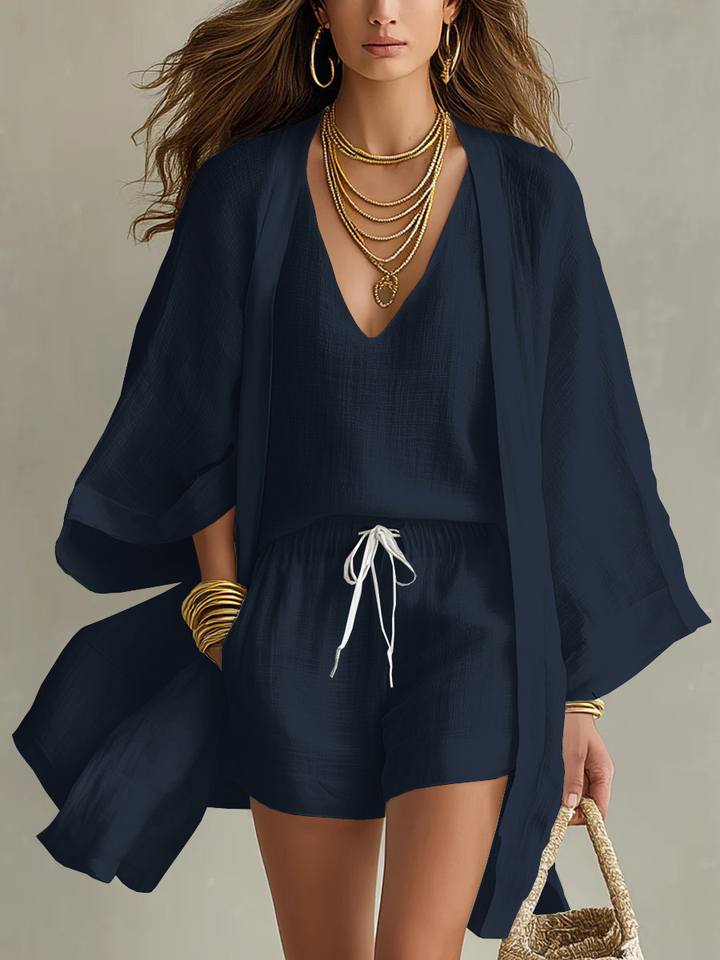 Witte Losse Cardigan En Koordshorts Drie-delige Set