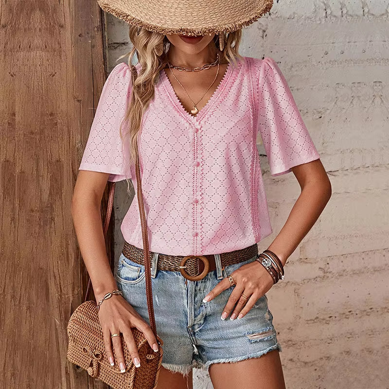 ADELHEID I KORTE MOUW BLOUSE MET V-HALS