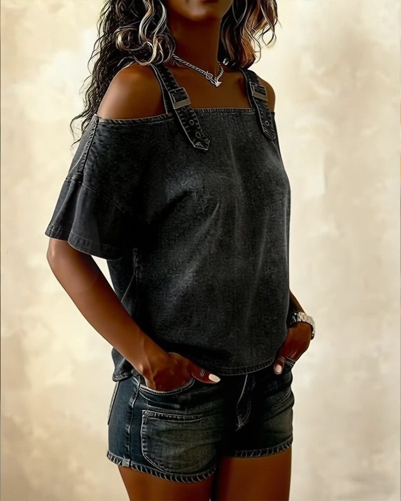 Chemisier Off-Shoulder met Spaghetti Bandjes in Denim