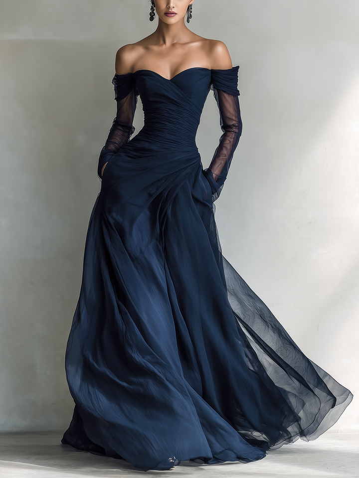 Elegante Aansluitende Maxi Jurk van Donkerblauwe Organza Chiffon met Lange Mouwen en Schoudervrij voor Vrouwen